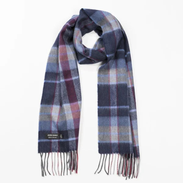 Afbeelding laden in Galerijviewer, John Hanly Merino Wollen Sjaal, denim wijnrood marine blauw check