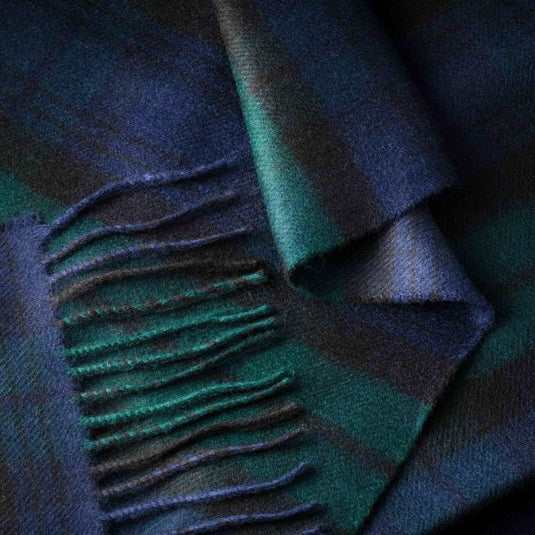John Hanly Merino Wollen Sjaal, blauw groen check