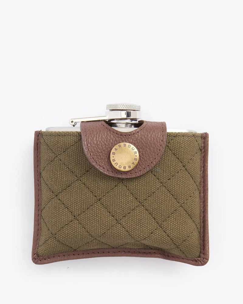 Afbeelding laden in Galerijviewer, Barbour Quilted Padbury Hipflask, dark brown/olive