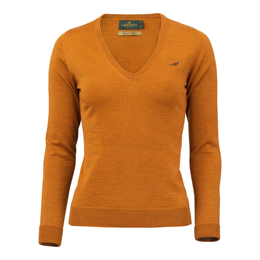 Laksen Camilla, merino damestrui met V-hals, mustard