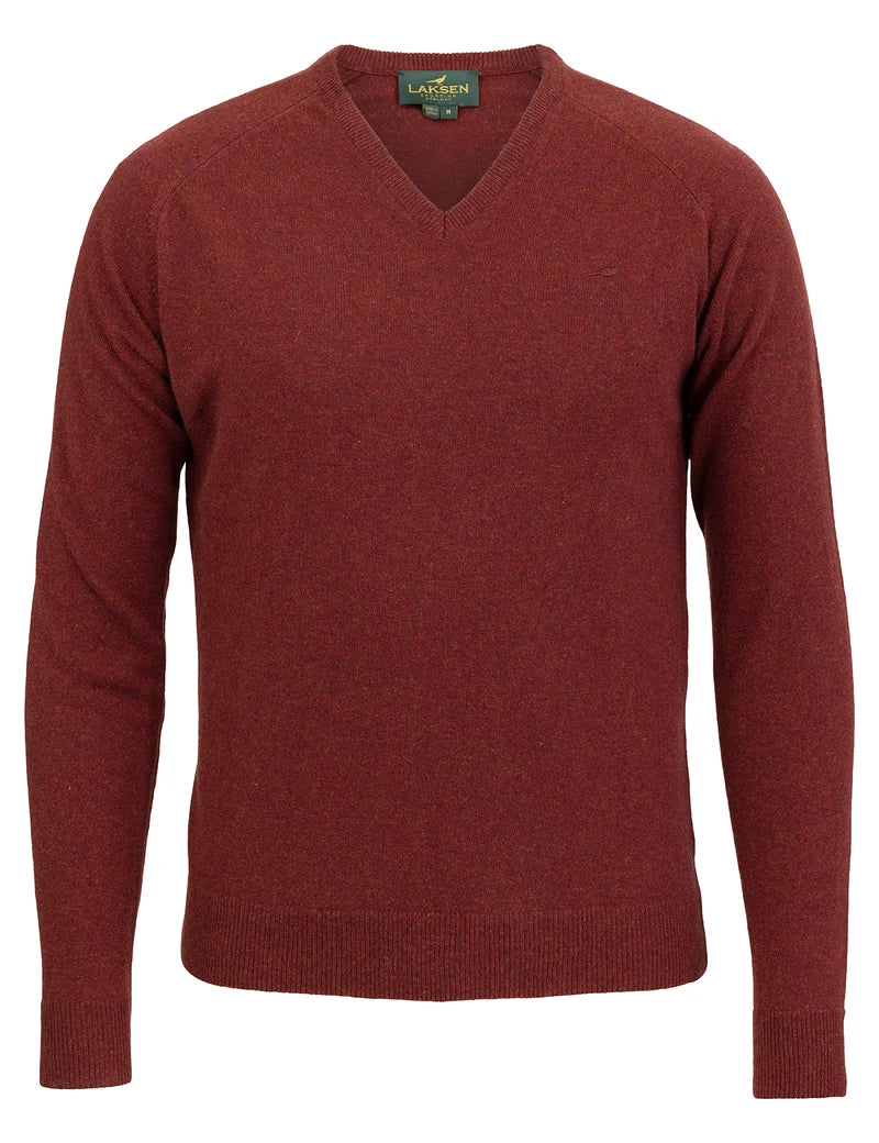 Laksen Trent V-Neck, lamswollen herentrui, rusty