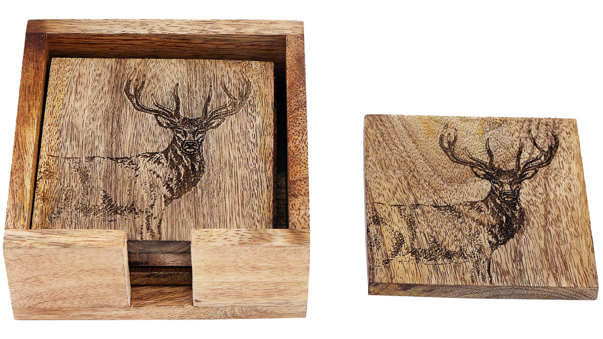 Onderzetters, set van 4, Hout met hertmotief