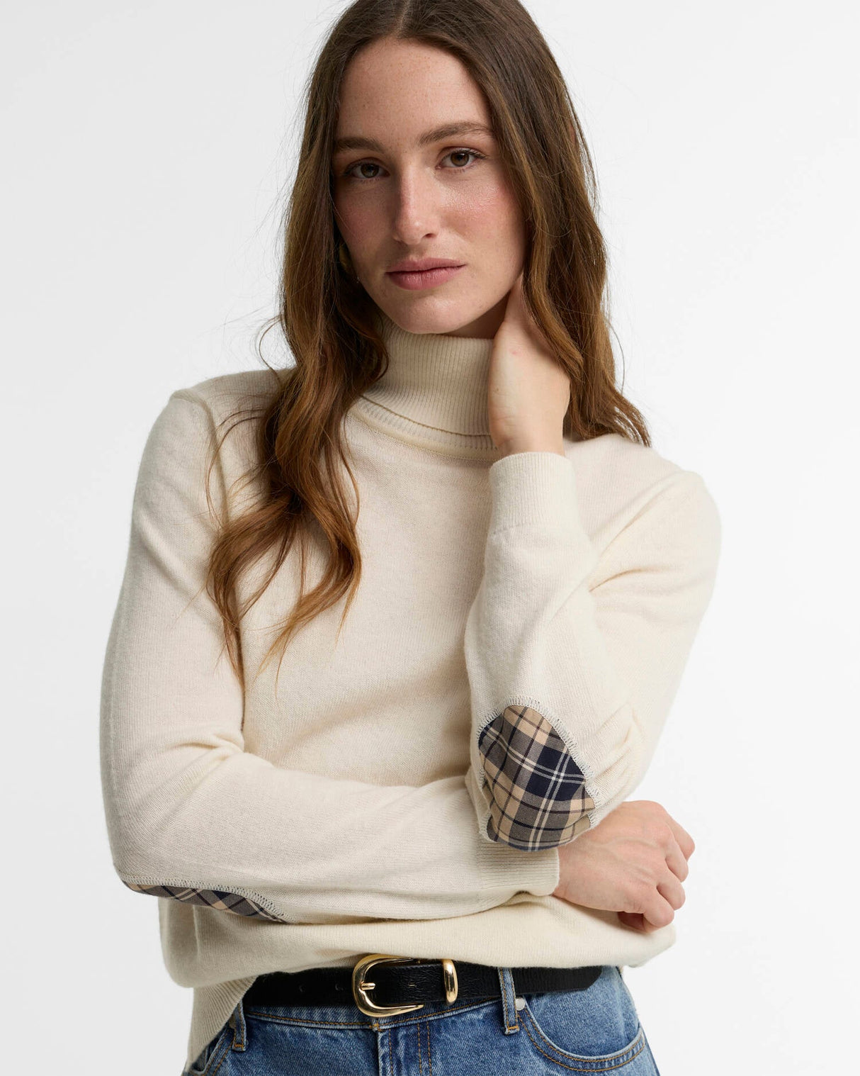 Barbour Pendle Roll-Neck Jumper Ecru/Birchwood Tartan
