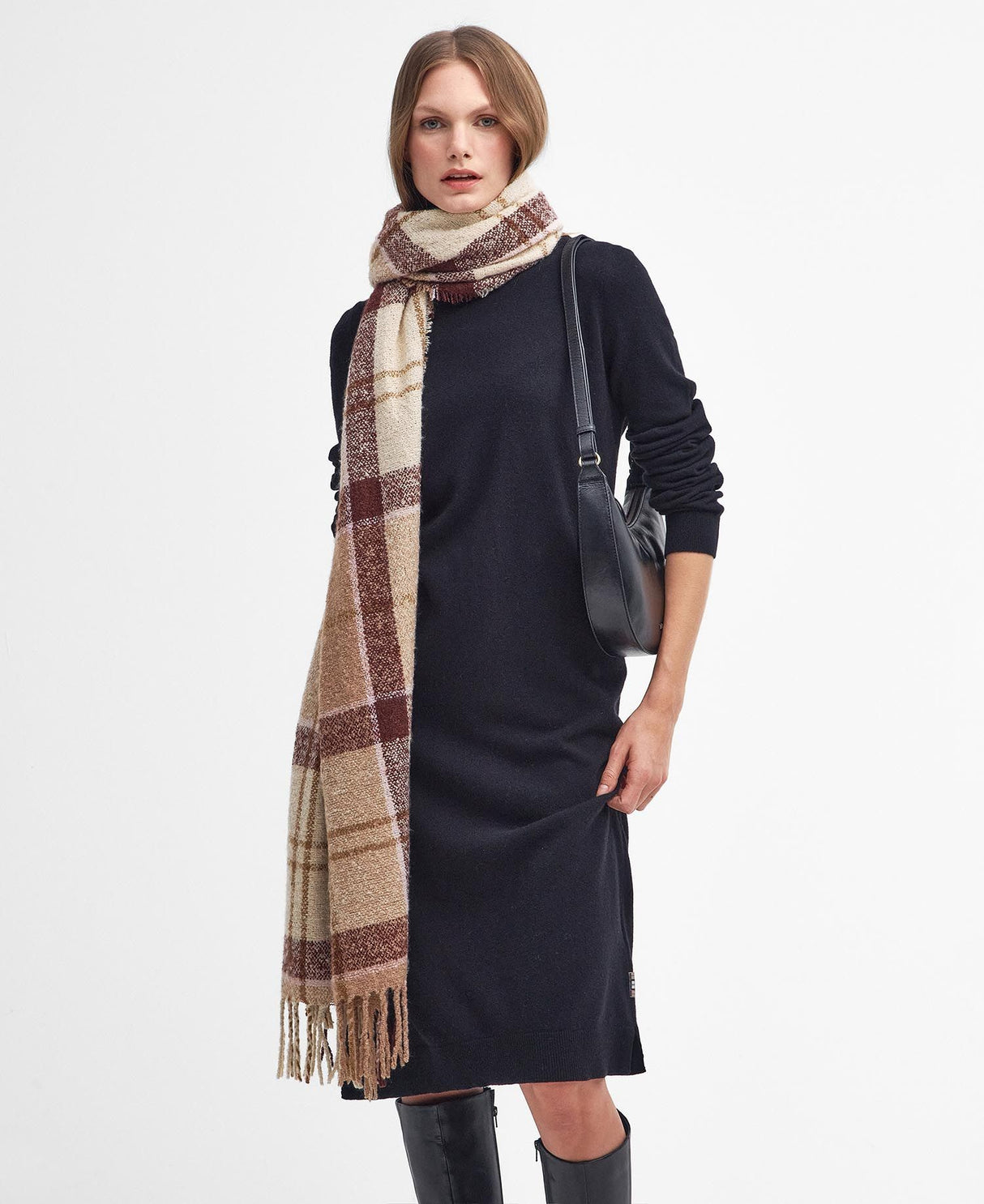 Barbour Tartan Boucle Scarf, muted cabernet