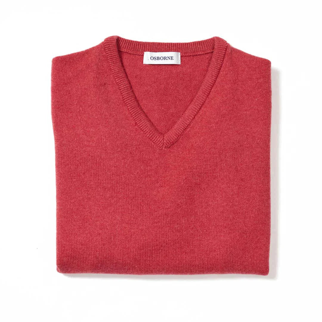 Osborne Knitwear, lamswollen damestrui V-hals, rouge