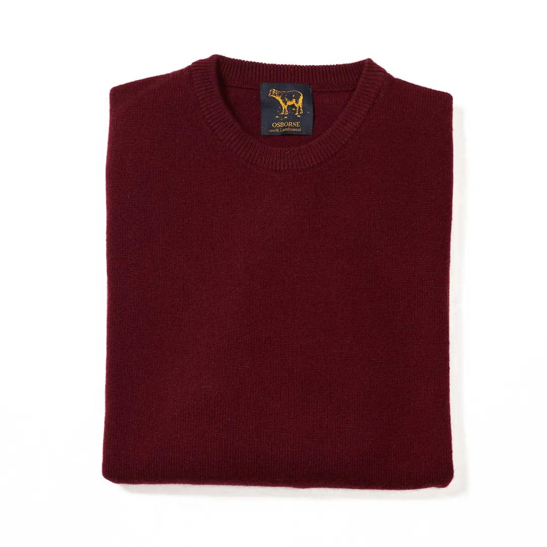Osborne Knitwear, lamswollen herentrui ronde hals, bordeaux