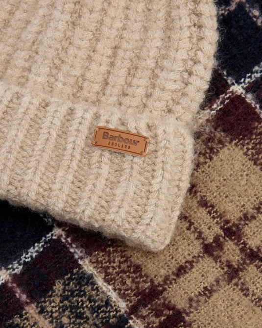 Barbour Saltburn Beanie & Tartan Scarf Gift Set, gardenia tartan