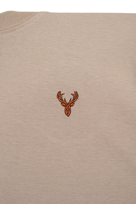 Hubertus heren t-shirt met geborduurde hertenkop, beige