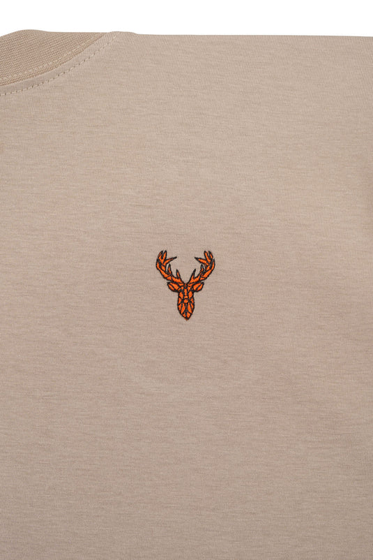Hubertus heren t-shirt met geborduurde hertenkop, beige