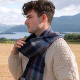 John Hanly Merino Wollen Sjaal, denim wijnrood marine blauw check