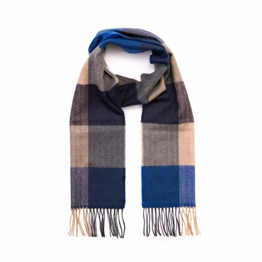 John Hanly Merino Wollen Sjaal, blauw zand check