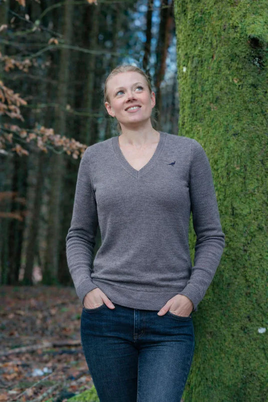 Laksen Camilla, merino damestrui met V-hals, overcast