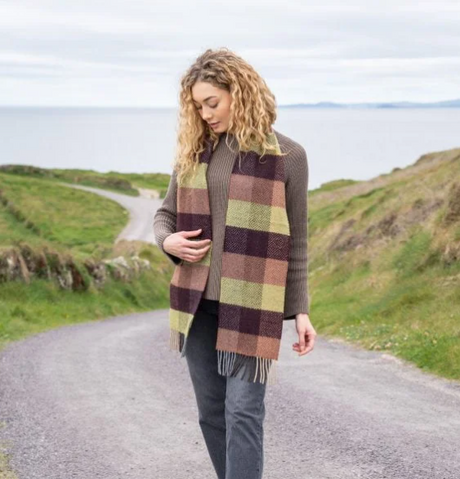 John Hanly Merino Cashmere Scarf 2436,green wine clay
