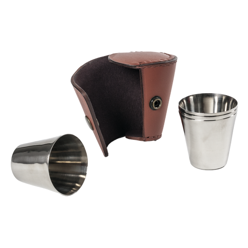 Set van 4 RVS "borrelcups" in leder-etui
