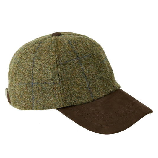 Harris Tweed Tyndrum Wool Tweed Leather Peak Baseball Cap, navy overcheck