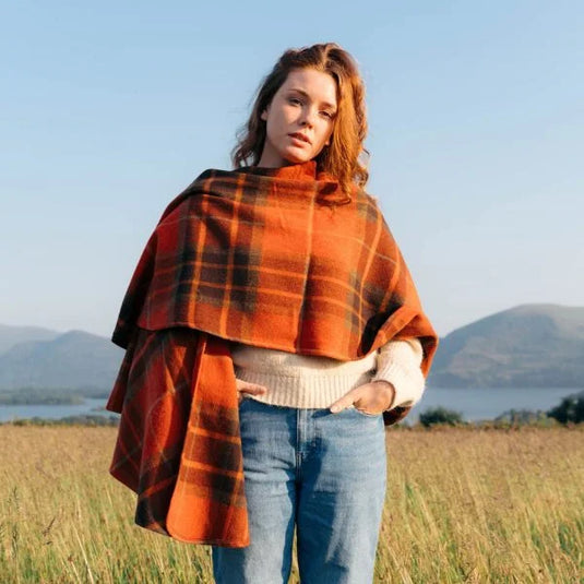 John Hanly Sue Cape, orange tartan mix