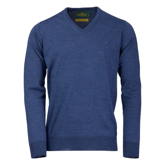 Laksen Sussex, merino herentrui met V-hals, corn blue