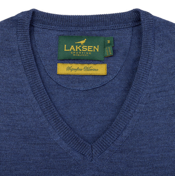 Laksen Sussex, merino herentrui met V-hals, corn blue