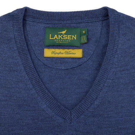 Laksen Sussex, merino herentrui met V-hals, corn blue