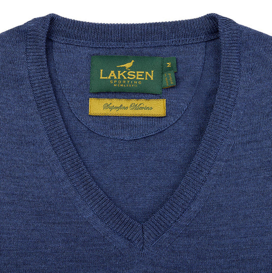 Laksen Sussex, merino herentrui met V-hals, corn blue