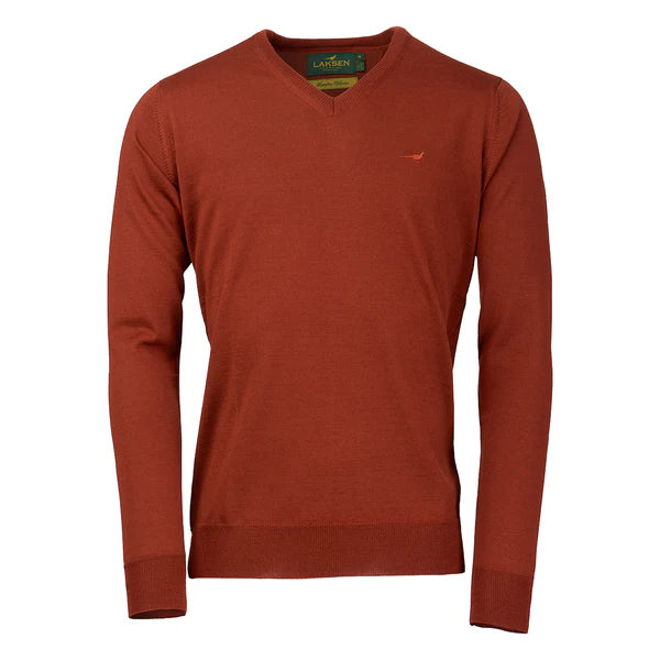 Afbeelding laden in Galerijviewer, Laksen Sussex, merino herentrui met V-hals, burnt orange
