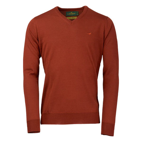 Laksen Sussex, merino herentrui met V-hals, burnt orange
