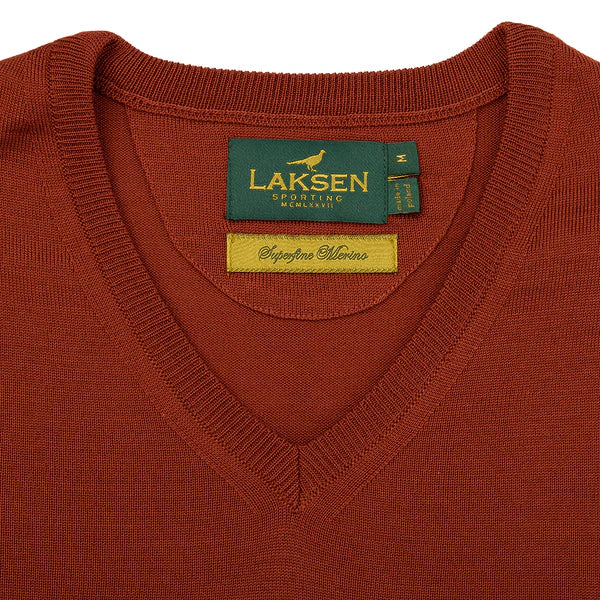 Laksen Sussex, merino herentrui met V-hals, burnt orange