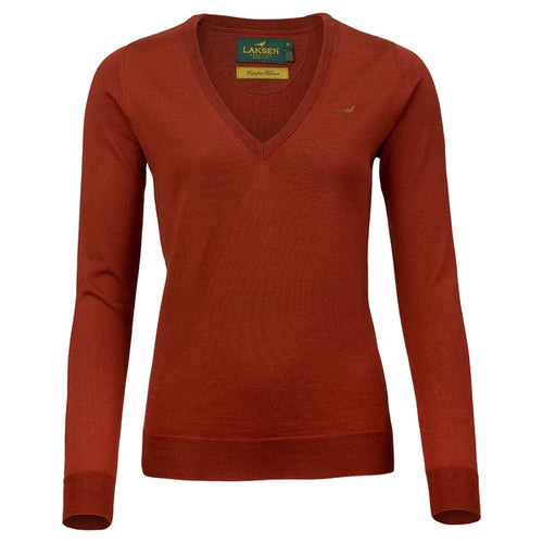 Laksen Camilla, merino damestrui met V-hals, burnt orange