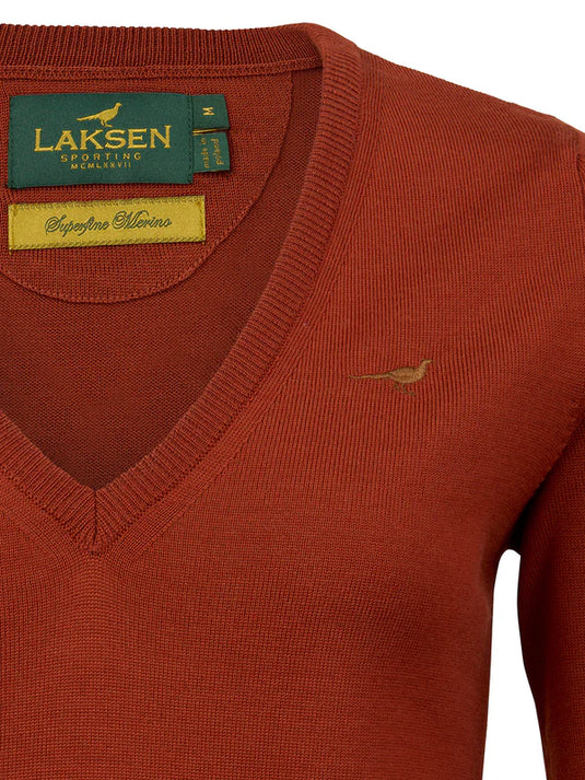 Laksen Camilla, merino damestrui met V-hals, burnt orange