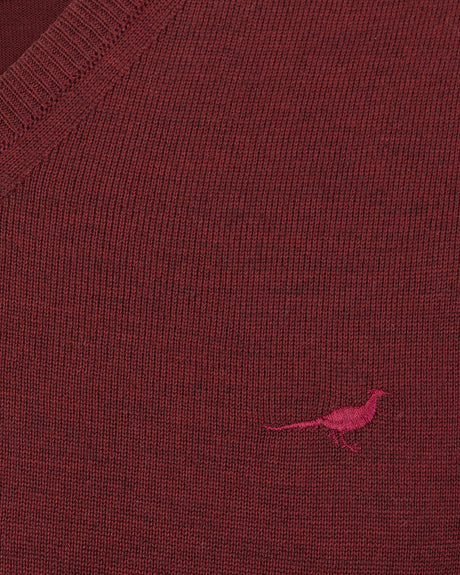 Laksen Sussex, merino herentrui met V-hals, vintage port