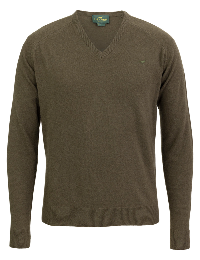 Laksen Trent V-Neck, lamswollen herentrui, olive
