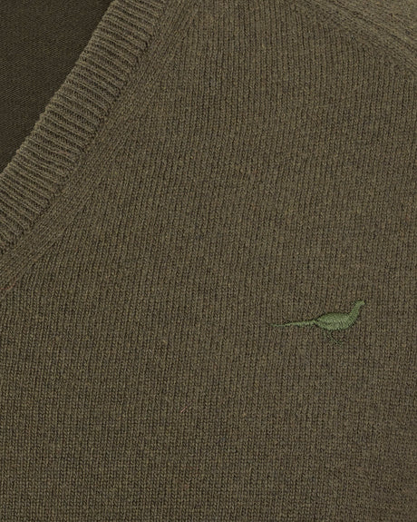 Laksen Trent V-Neck, lamswollen herentrui, olive