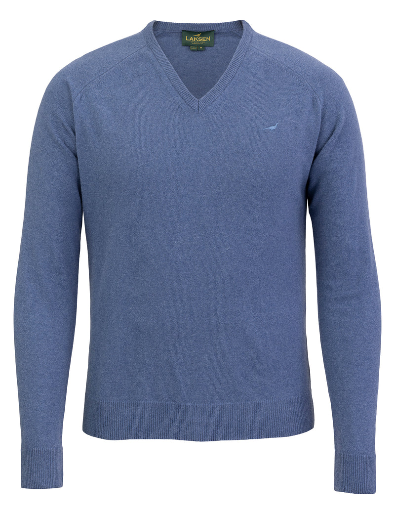 Laksen Trent V-Neck, lamswollen herentrui, loch blue
