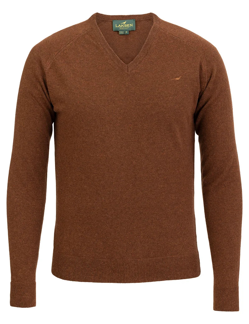 Laksen Trent V-Neck, lamswollen herentrui, toffee
