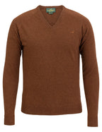 Laksen Trent V-Neck, lamswollen herentrui, toffee