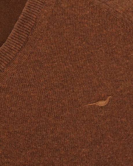 Laksen Trent V-Neck, lamswollen herentrui, toffee