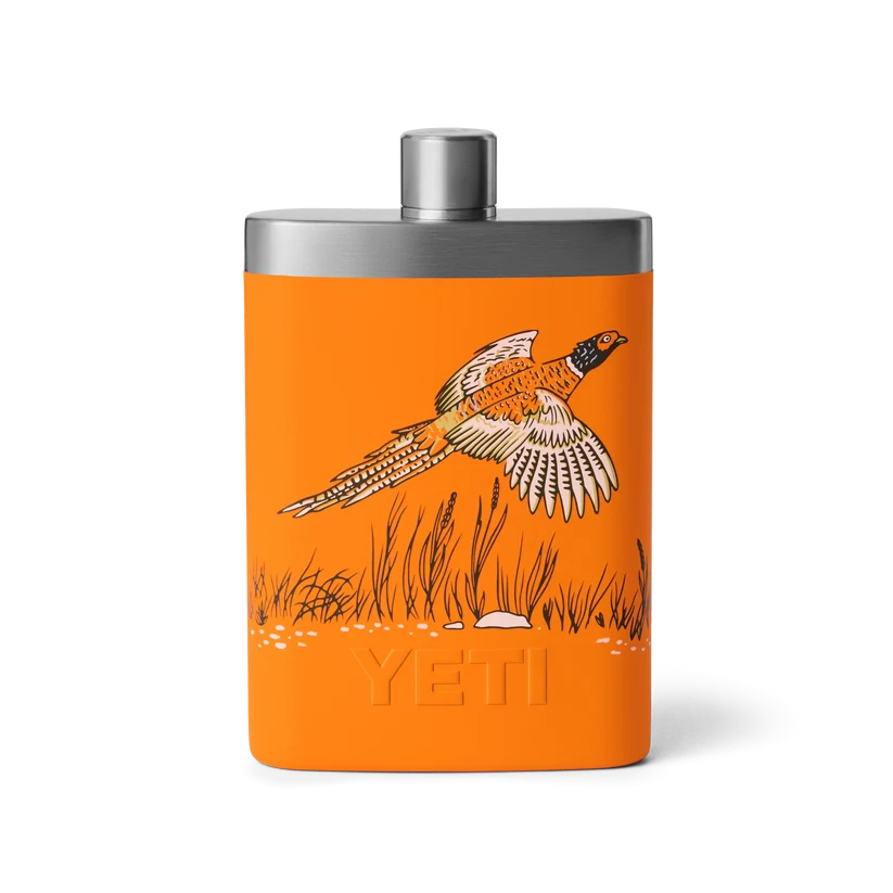 Yeti Rambler Flask, king crab orange/upland bird