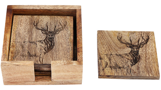 Onderzetters, set van 4, Hout met hertmotief