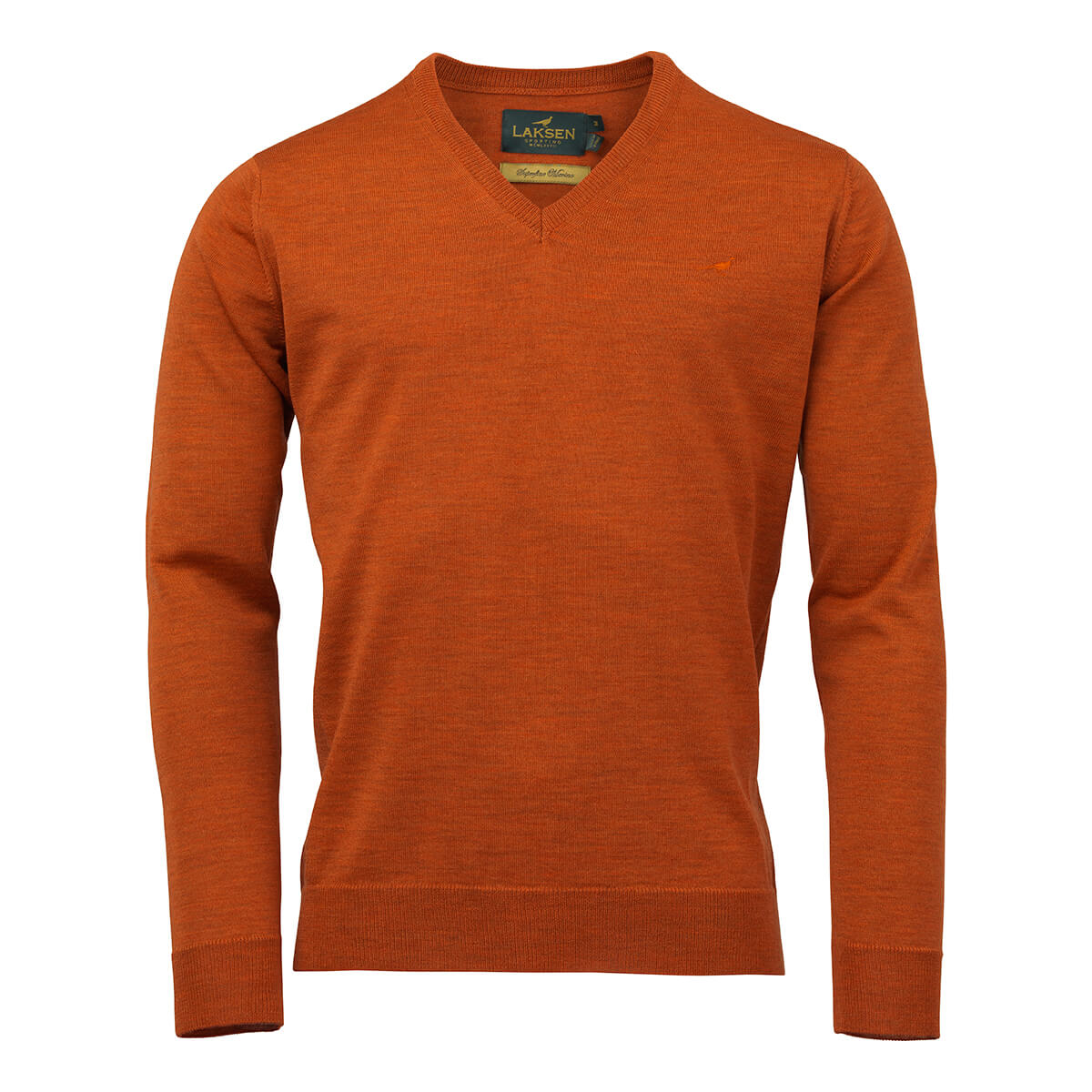 Laksen Sussex, merino herentrui met V-hals, burnt orange bright