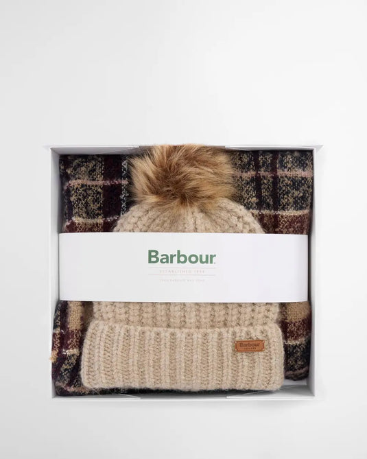 Barbour Saltburn Beanie & Tartan Scarf Gift Set, gardenia tartan