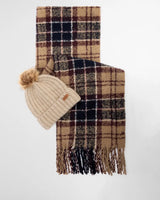 Barbour Saltburn Beanie & Tartan Scarf Gift Set, gardenia tartan