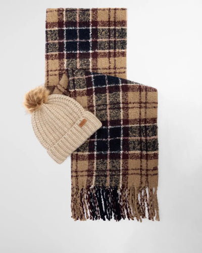Barbour Saltburn Beanie & Tartan Scarf Gift Set, gardenia tartan