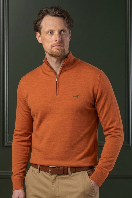 Norfolk Zip Neck Merino Sweater - Orange