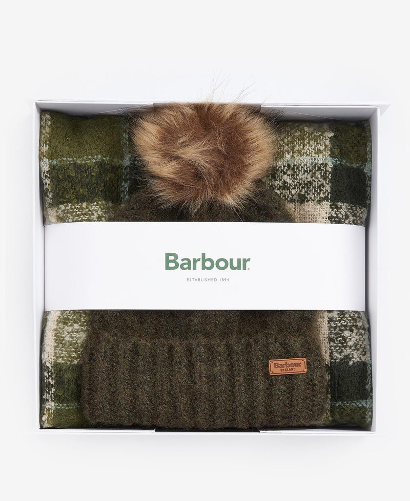 Load image into Gallery viewer, Barbour Saltburn Beanie &amp; Tartan Scarf Gift Set, loden
