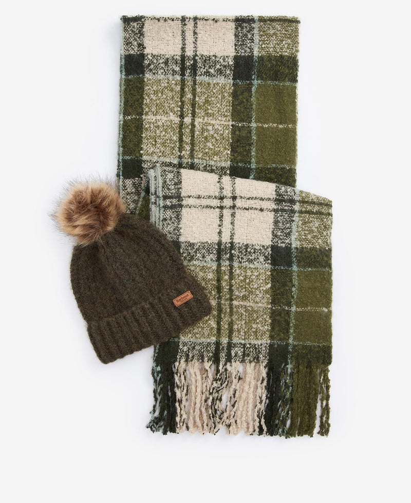 Load image into Gallery viewer, Barbour Saltburn Beanie &amp; Tartan Scarf Gift Set, loden
