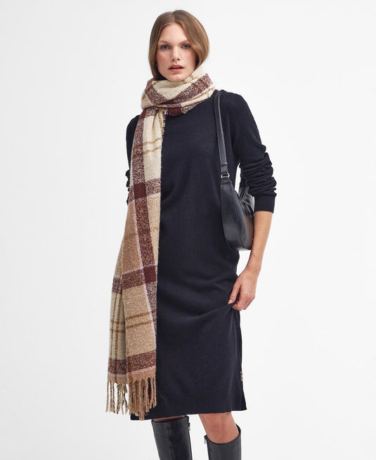 Barbour Tartan Boucle Scarf, muted cabernet