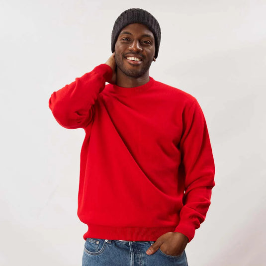 Osborne Knitwear, lamswollen herentrui ronde hals, tartan scarlet