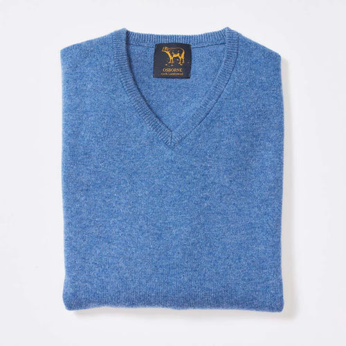 Osborne Knitwear, lamswollen damestrui V-hals, jeans
