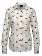 Skogen Dames Blouse Met Fazanten, white/brown/dark orange