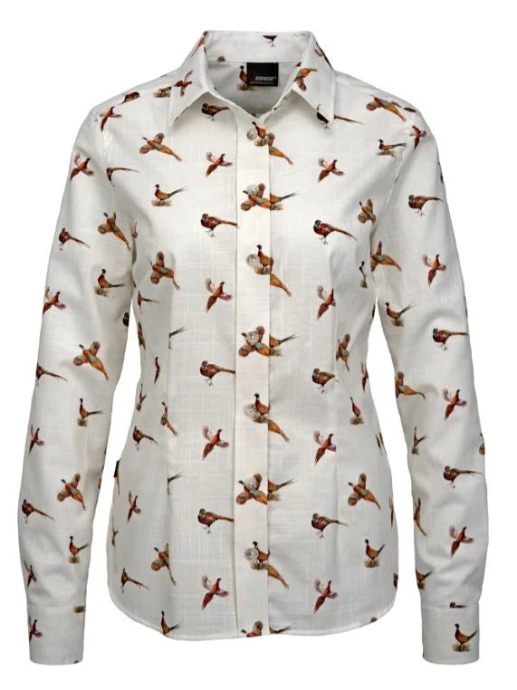 Afbeelding laden in Galerijviewer, Skogen Dames Blouse Met Fazanten, white/brown/dark orange
